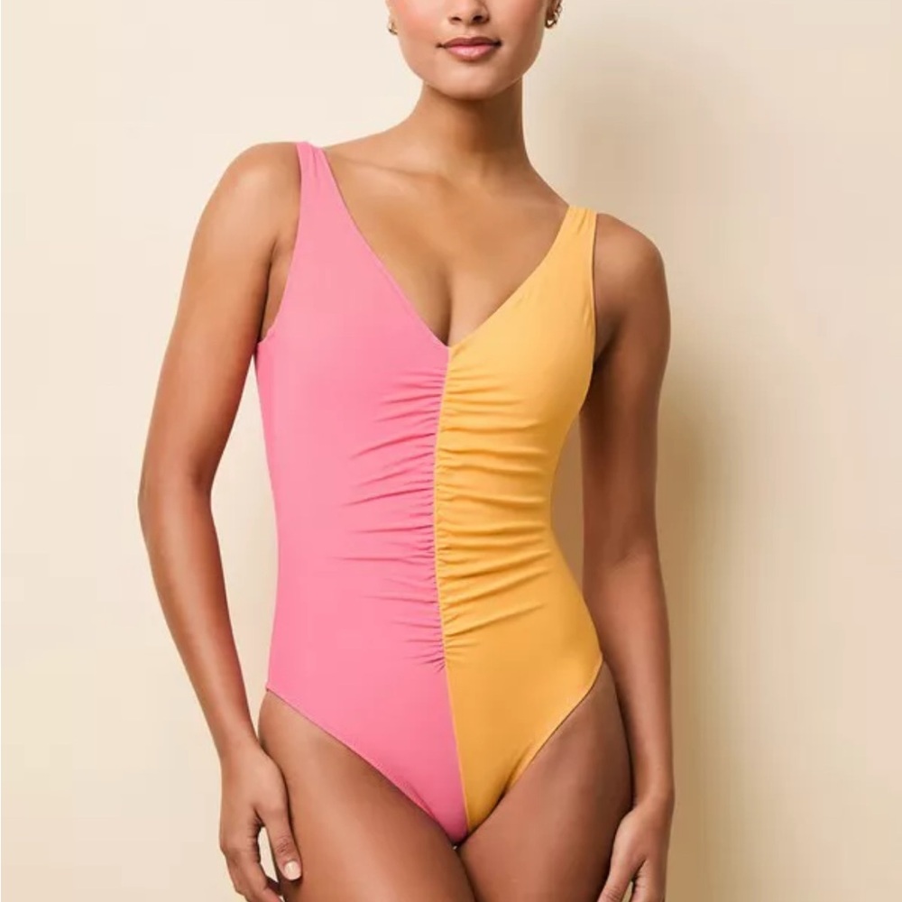 Lucia Solid & Striped One Piece Yellow and Green Ruched Swimsuit - Picture 2 of 4